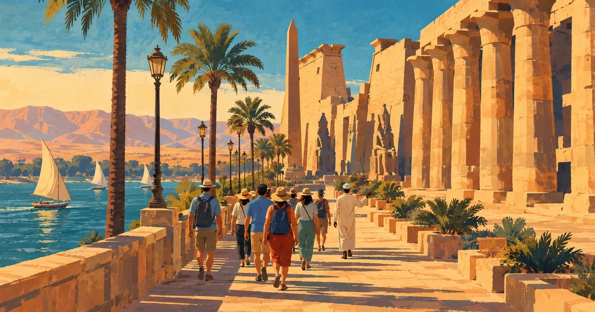 Small group on a free walking tour of Luxor Temple, Luxor