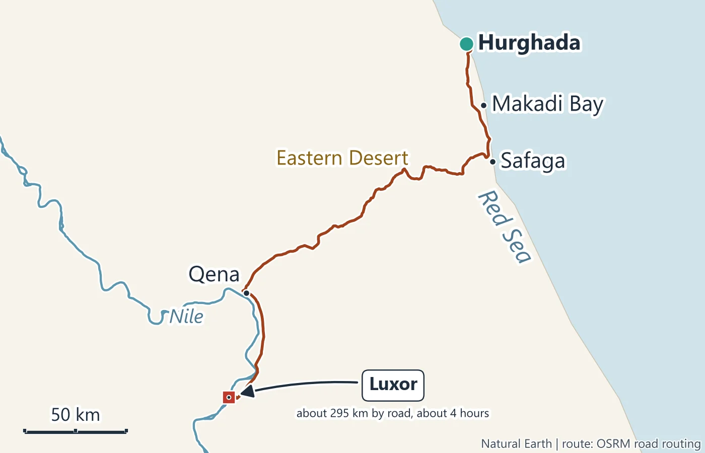 Map of the road from Hurghada south past Makadi Bay to Safaga on the Red Sea, then west across the Eastern Desert to Qena on the Nile and south to Luxor, about 295 km