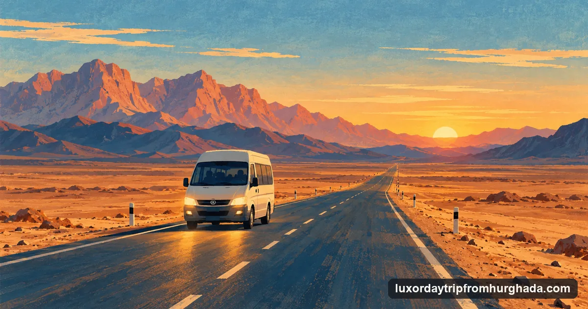 Illustration: a tour minibus on a straight desert road at dawn, with low pink mountains and the first sun on the horizon