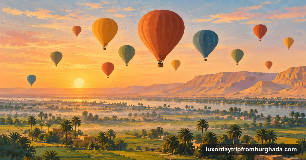 Illustration: hot air balloons rising at sunrise over green fields and the pale cliffs of Luxor's West Bank, with the Nile in the distance