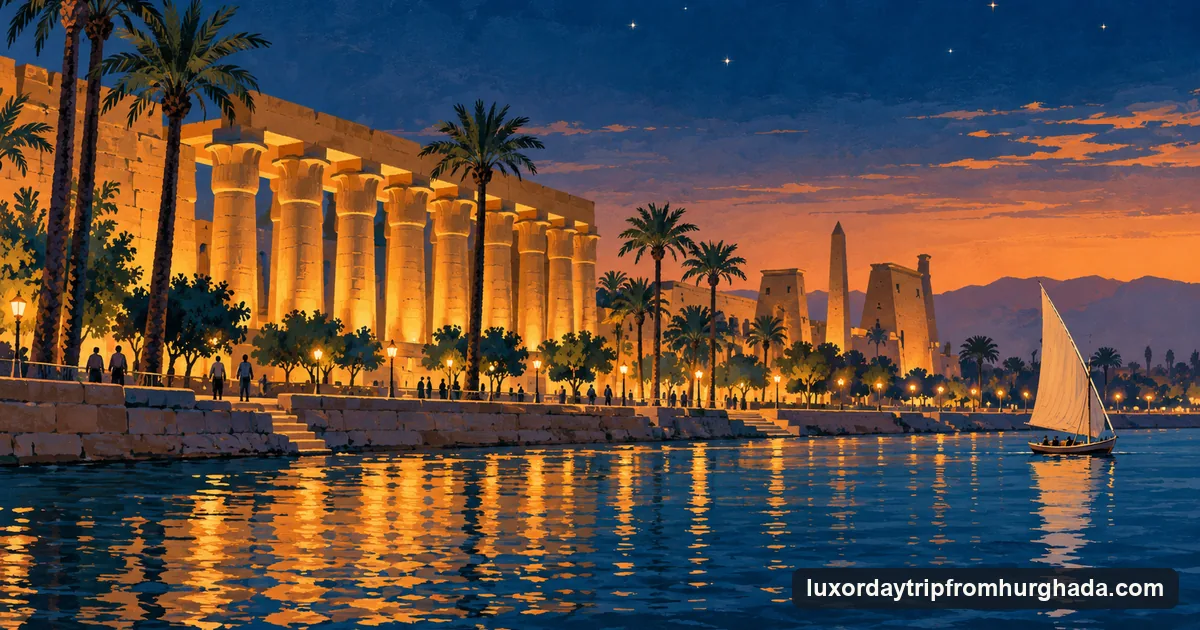 Illustration: the colonnade of Luxor Temple lit up at dusk beside a Nile promenade, with a felucca sail on the river