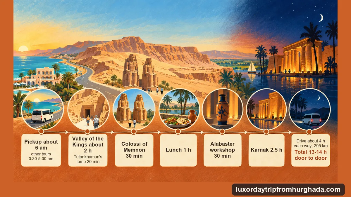 Infographic: a Luxor day trip from Hurghada hour by hour, from a pickup at about 6 am and four hours on the road to the Valley of the Kings, Tutankhamun, the Colossi, lunch, Karnak and the drive back, 13 to 14 hours in all