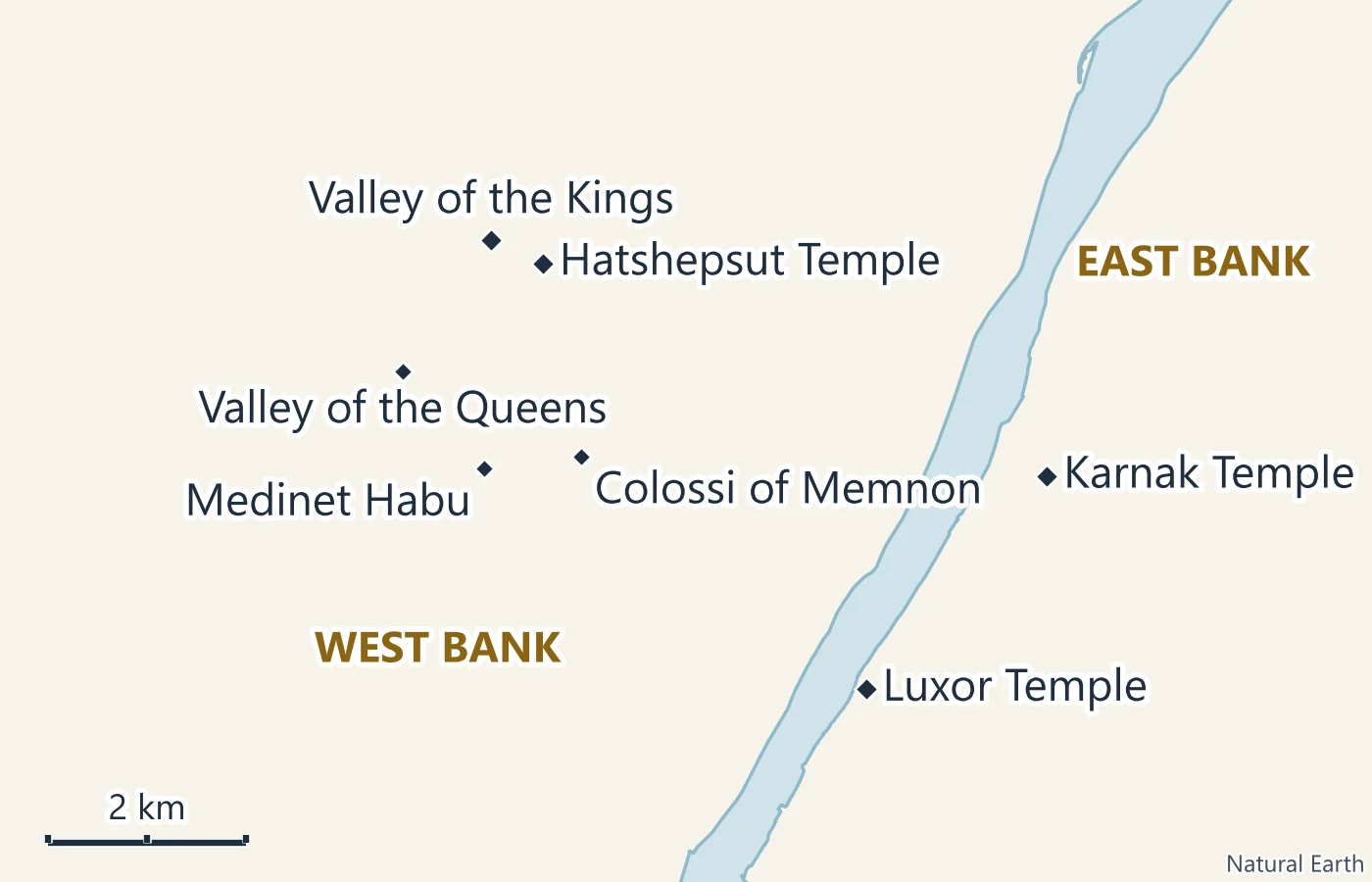 Map of Luxor on both banks of the Nile: the Valley of the Kings, Hatshepsut Temple, the Valley of the Queens, Medinet Habu and the Colossi of Memnon on the West Bank, and Karnak Temple and Luxor Temple on the East Bank