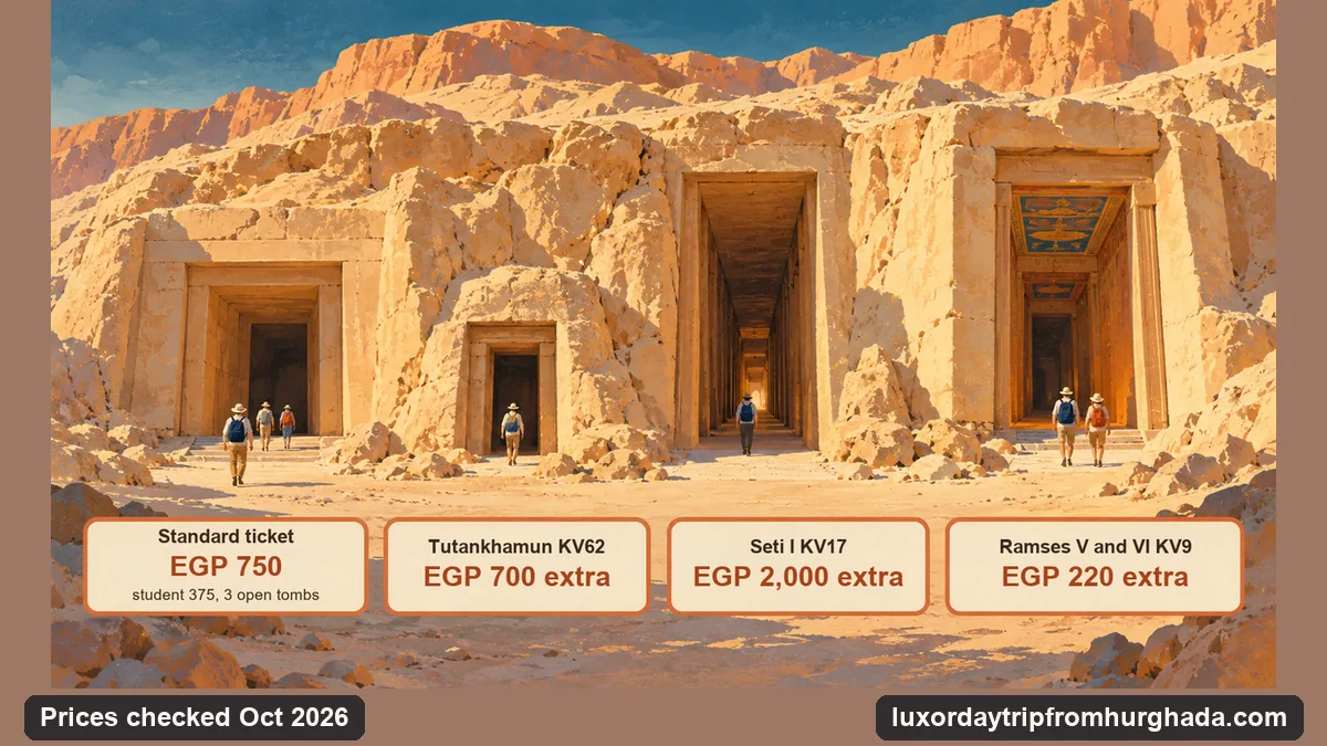 Infographic: Valley of the Kings ticket prices for foreign adults, EGP 750 for the standard ticket with three tombs, EGP 700 for Tutankhamun, EGP 2,000 for Seti I and EGP 220 for Ramses V and VI
