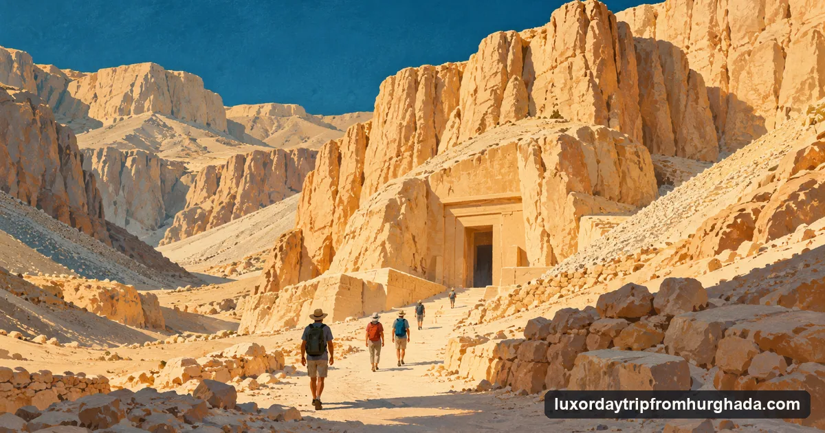 Illustration: the entrance of a rock-cut royal tomb in a sunlit desert valley of pale cliffs, with a few small visitors walking towards it