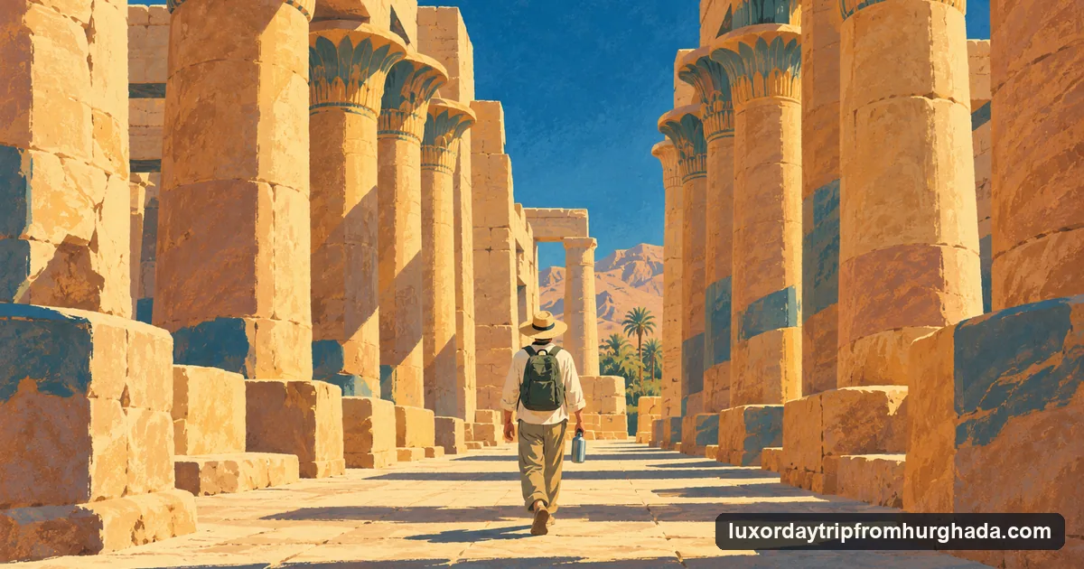 Illustration: a traveller in a wide hat and long light clothes, seen from behind, walking between giant temple columns in strong sunlight